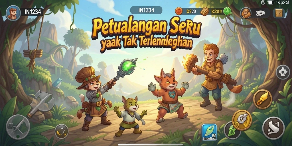 Menampilkan layar gameplay yang seru di IN1234, penuh aksi dan petualangan.