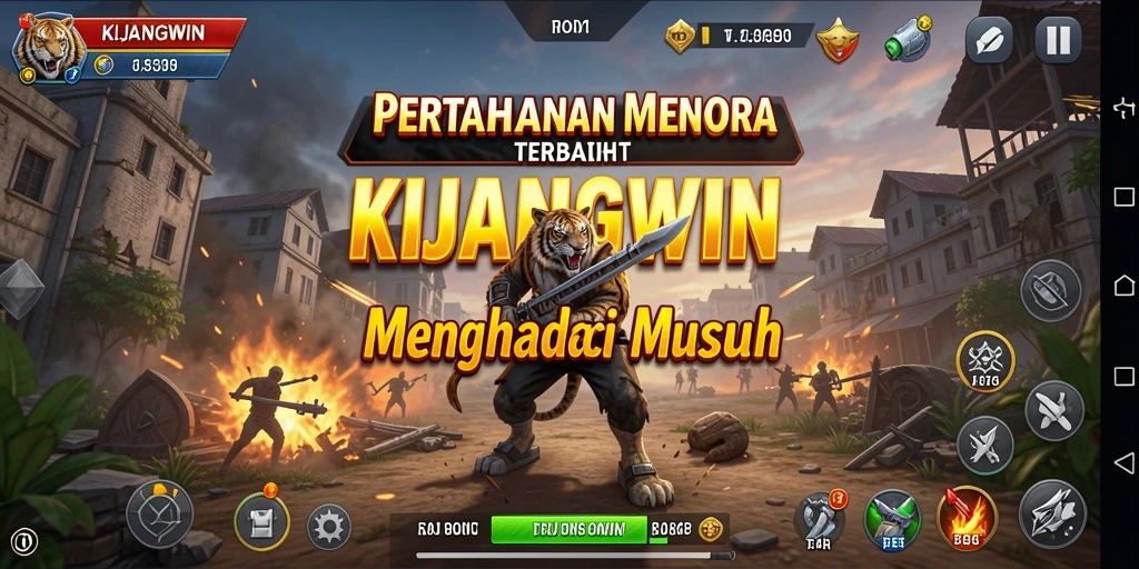 Tangkapan layar gameplay KIJANGWIN menunjukkan pertempuran menara yang intens.