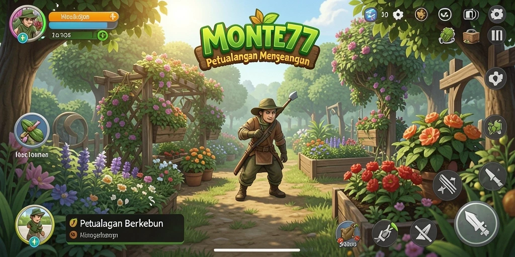 Screenshot utama MONTE77 menampilkan ladang subur dengan berbagai tanaman.