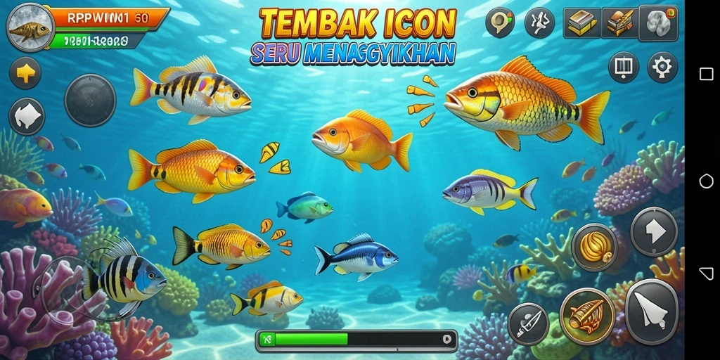 Screenshot utama RPWIN1 menampilkan aksi seru menembak ikan.