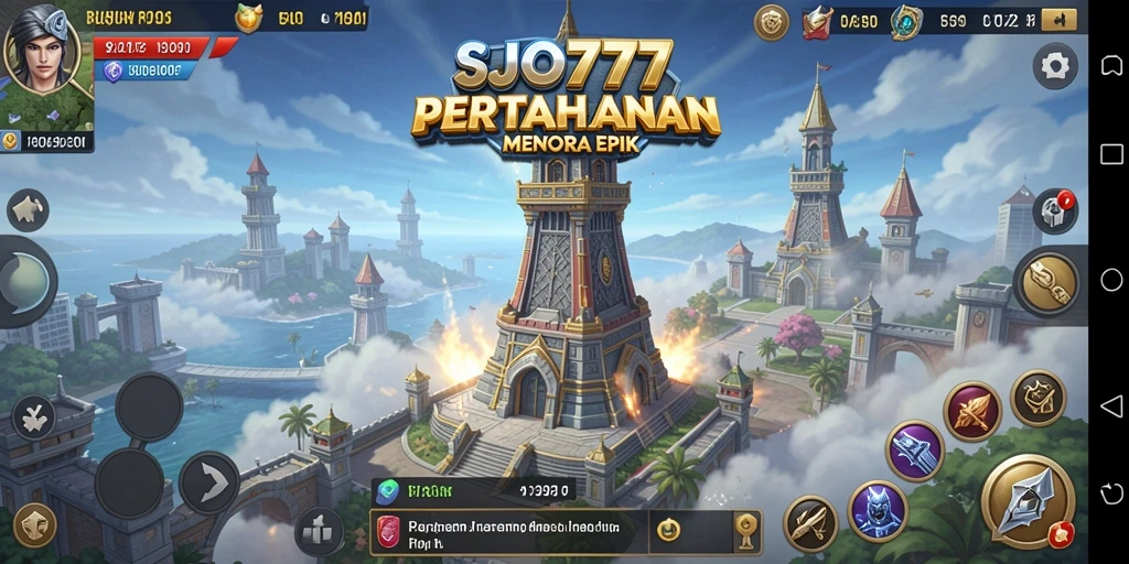 Menampilkan gameplay langsung SJO777 di medan pertempuran Tower Defense.