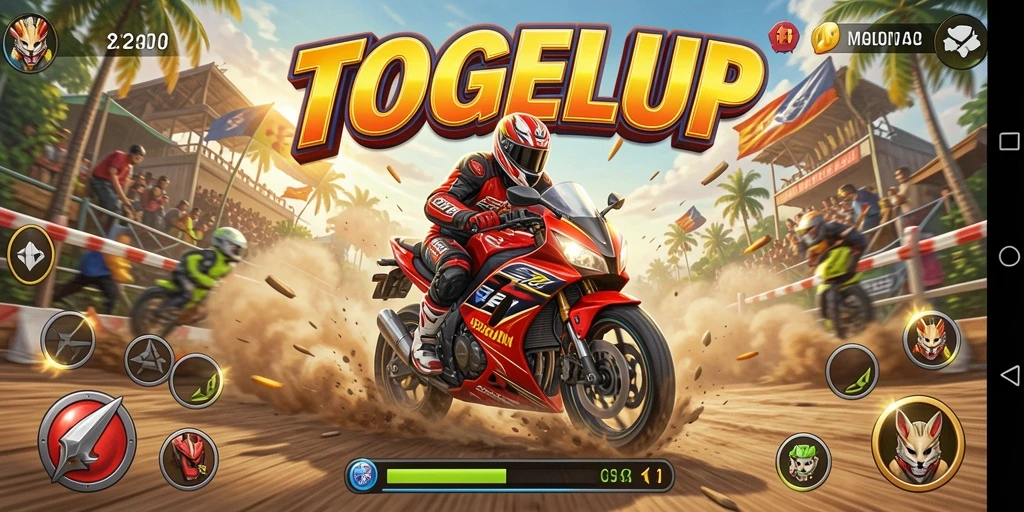Screenshot gameplay TOGELUP yang menampilkan balapan motor yang intens.