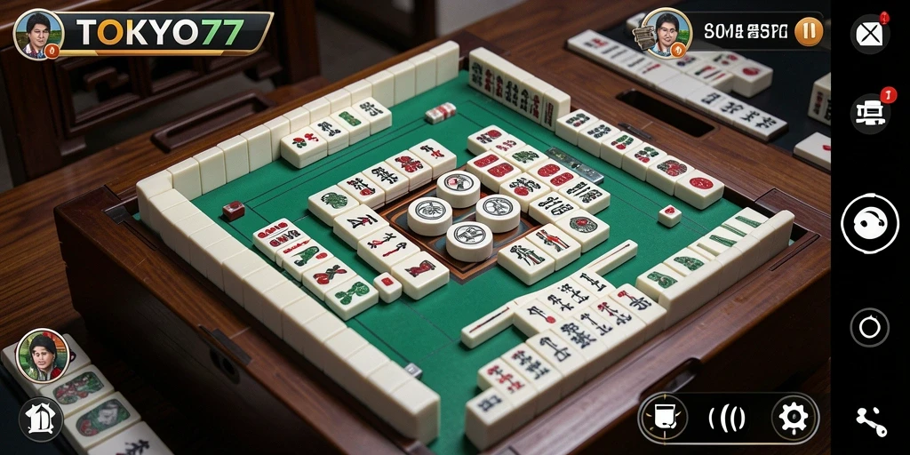 Screenshot gameplay seru TOKYO77 yang menampilkan aksi Mahjong.
